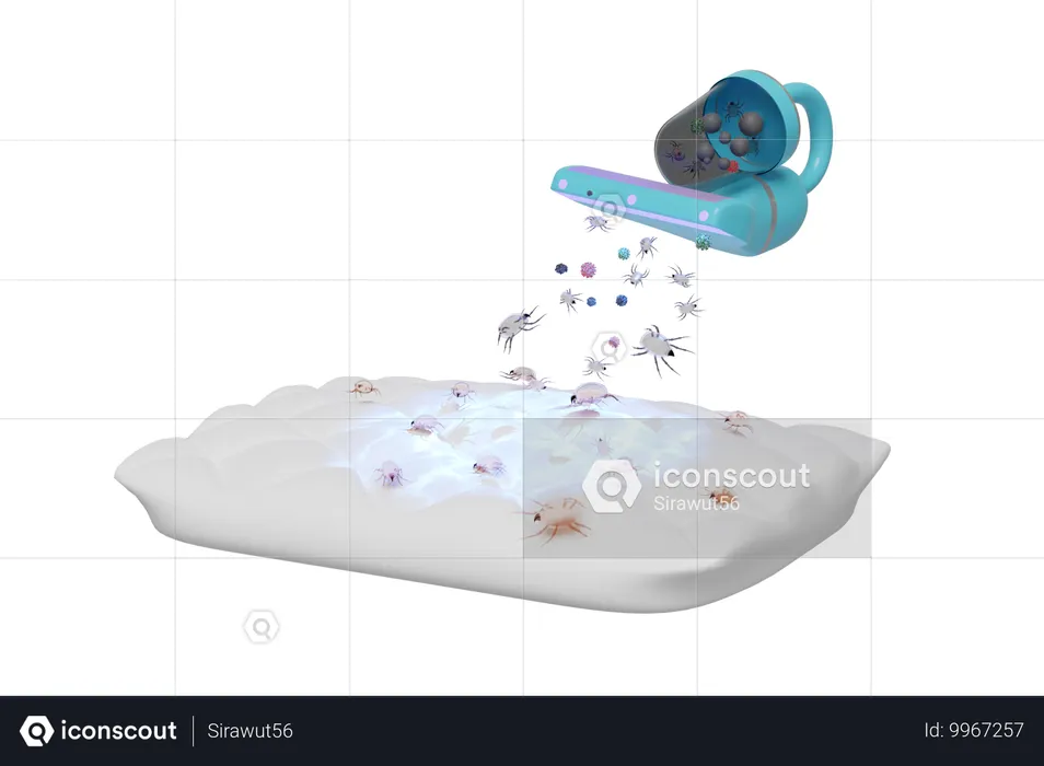 Vacuum cleaner cleans bugs from bedsheet  3D Illustration