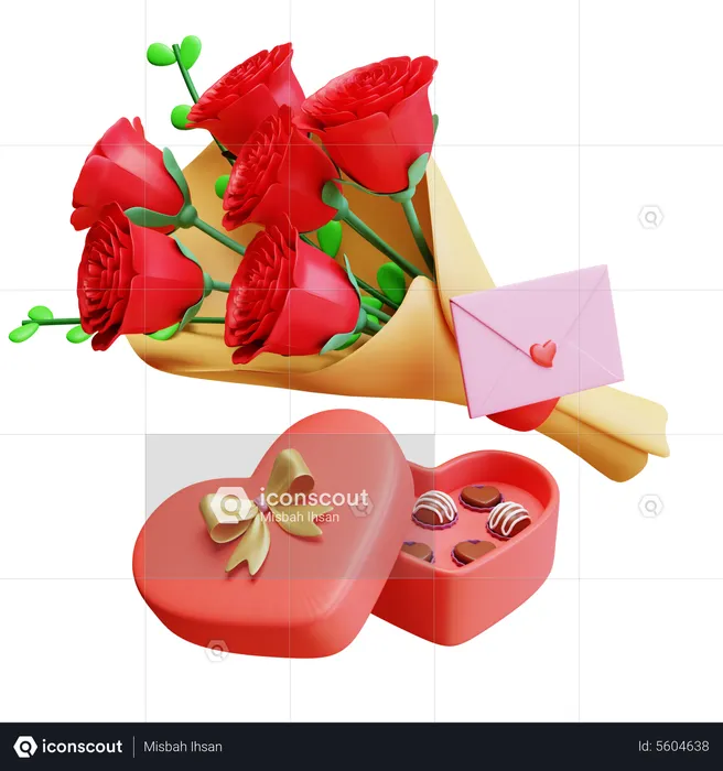 Blumenstrauß zum Valentinstag mit Schokolade  3D Illustration