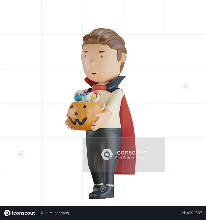 Vampire Holding Pumpkin With Candy  3D Illustration