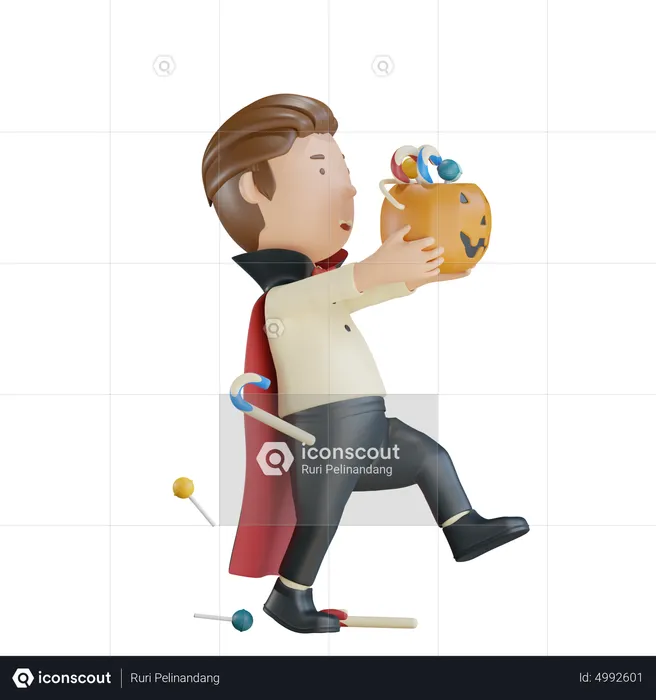 Vampire Holding Pumpkin With Candy While Walking  3D Illustration