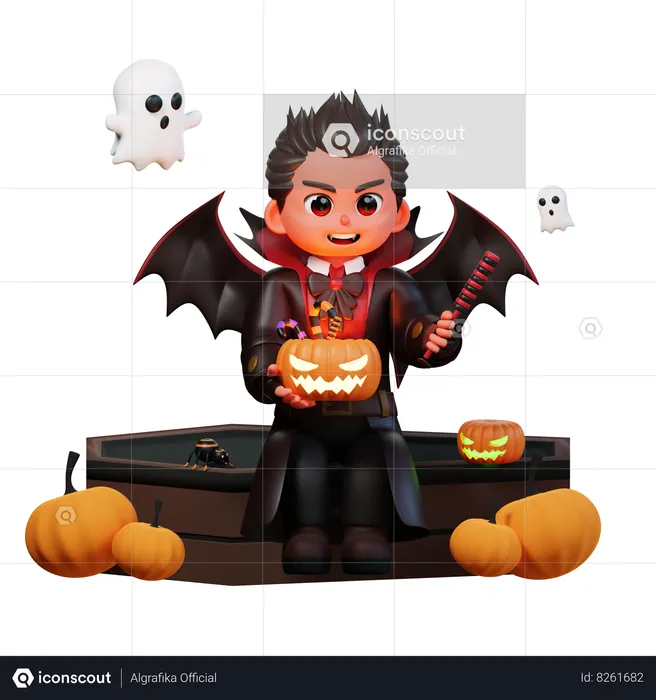 Vampire Holding Scary Pumpkin  3D Illustration