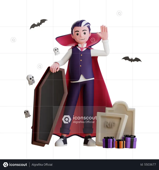 Vampire standing with coffin  3D Illustration
