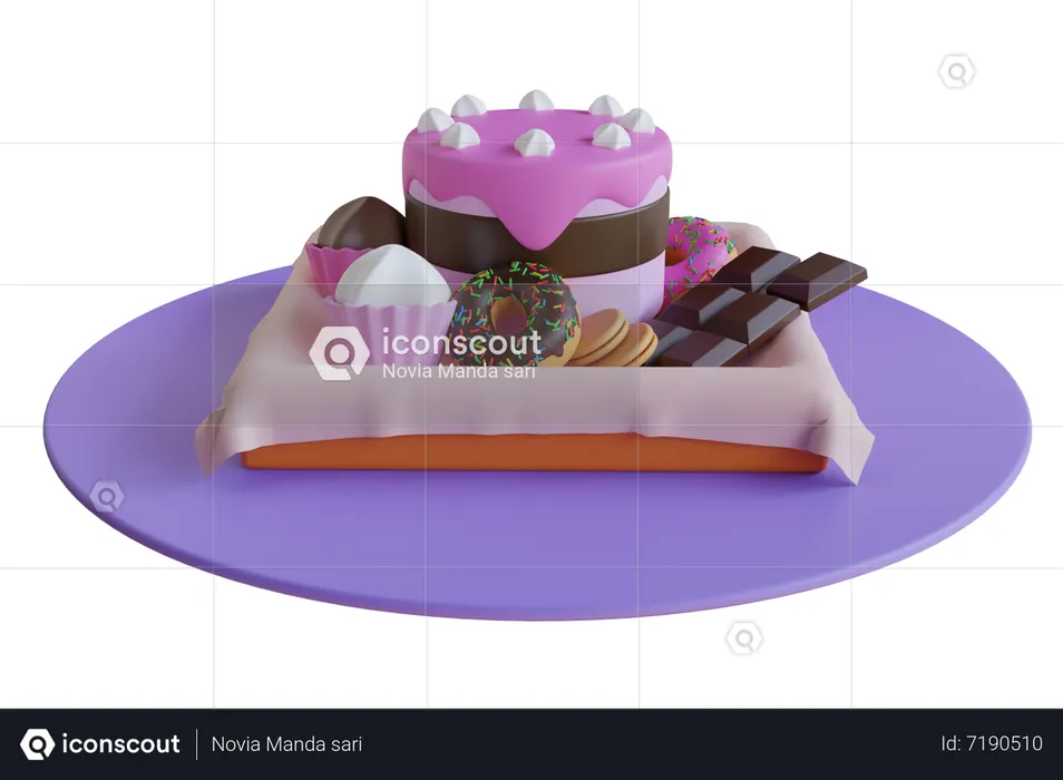 Variety of sweet food including chocolate and cake  3D Illustration