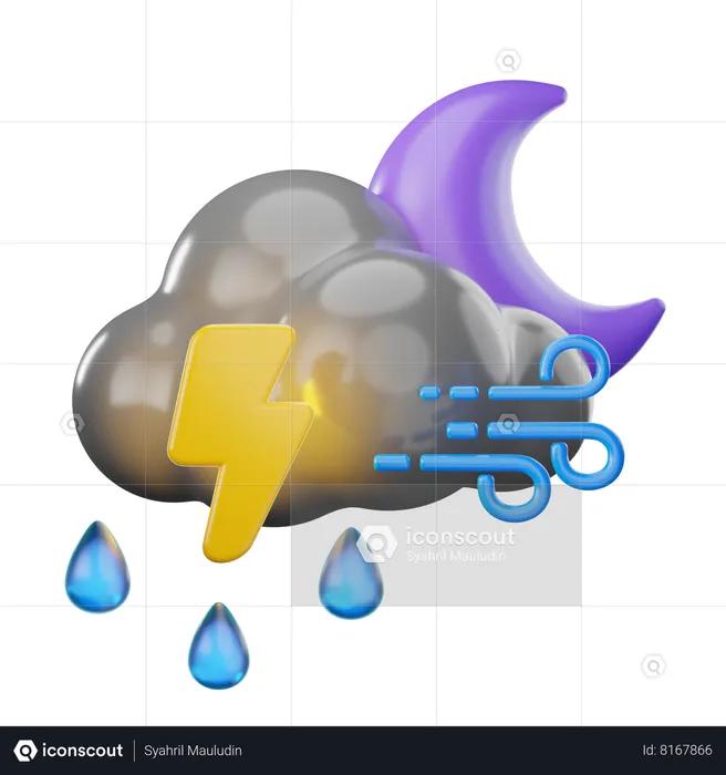 Garoa ventosa relâmpago à noite  3D Icon