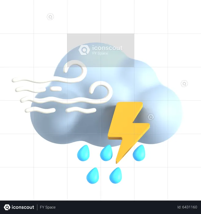 Chuvisco ventoso e relâmpago  3D Icon