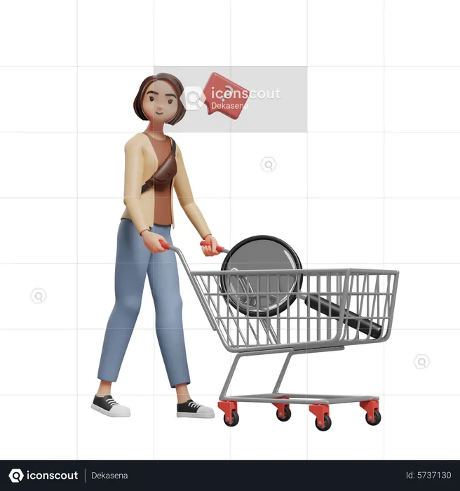 Verwirrt junge Frau schiebt Einkaufswagen mit einer Lupe  3D Icon