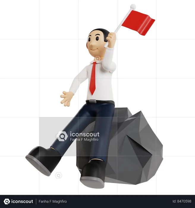 Victorious Businessman With Achievement Flag  3D Illustration