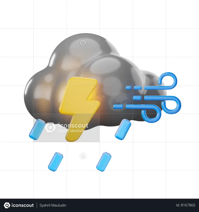 Viento nublado lluvia con truenos  3D Icon