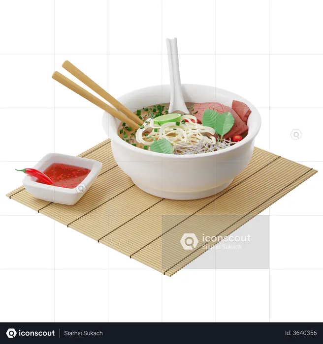 Vietnamese Pho Bo soup with beef, rice noodles on a bamboo mat and served with fish sauce  3D Illustration