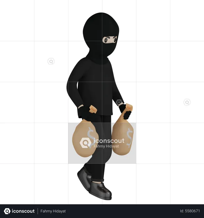 Voleur portant un sac d'argent  3D Illustration