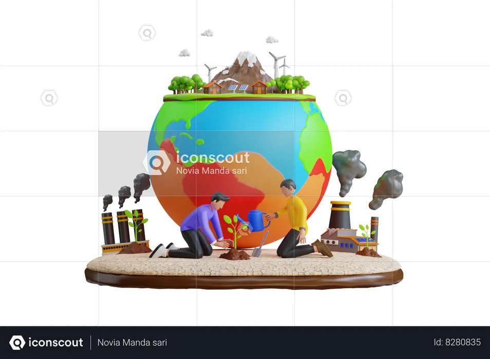 Volunteers Planting Tree  3D Illustration