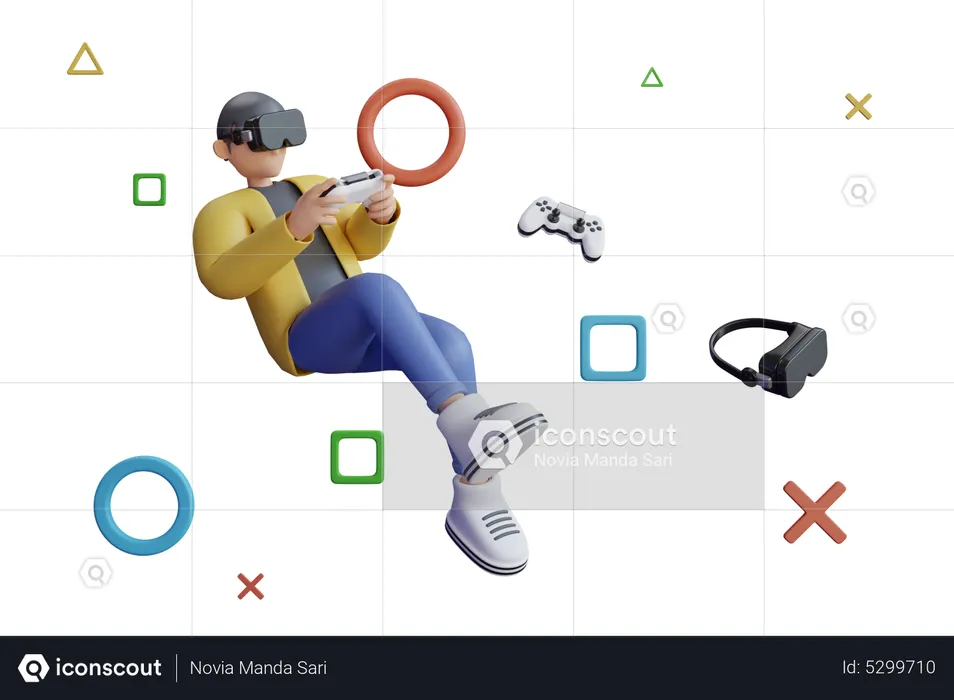 Jogador de VR segurando o controlador de jogo  3D Illustration