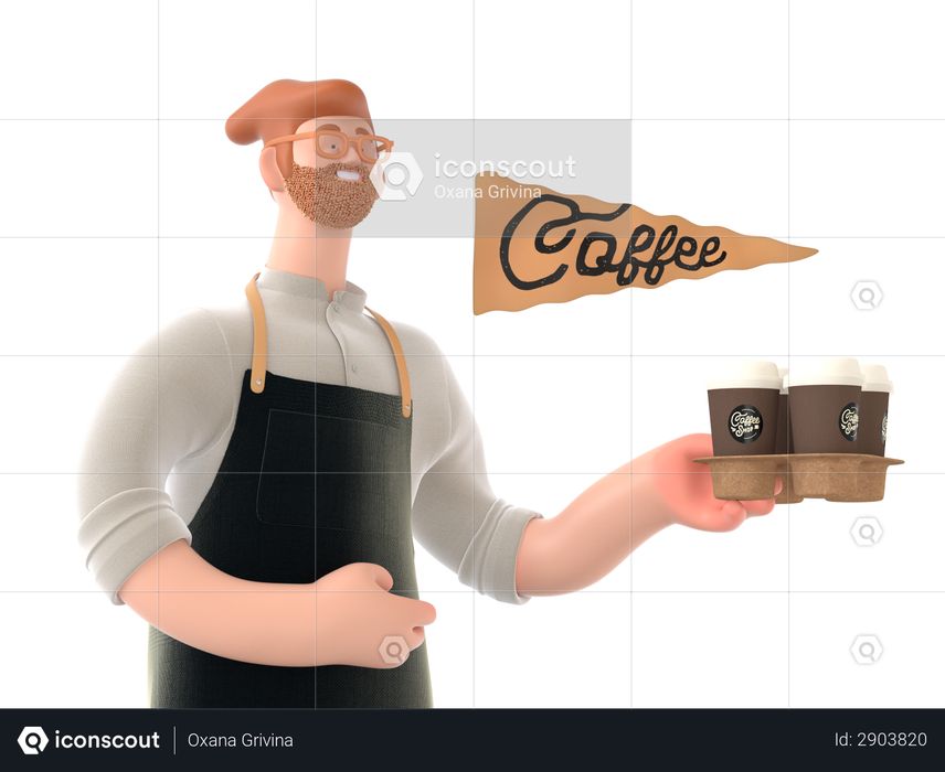 Waiter going to serve coffee 3D Illustration