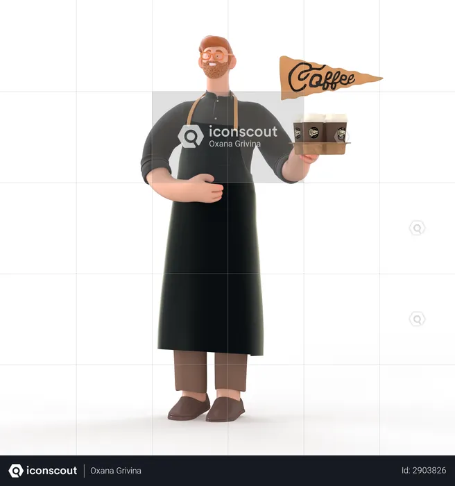 Waiter going to serve coffee 3D Illustration