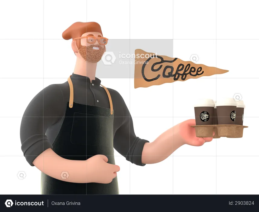 Waiter going to serve coffee  3D Illustration