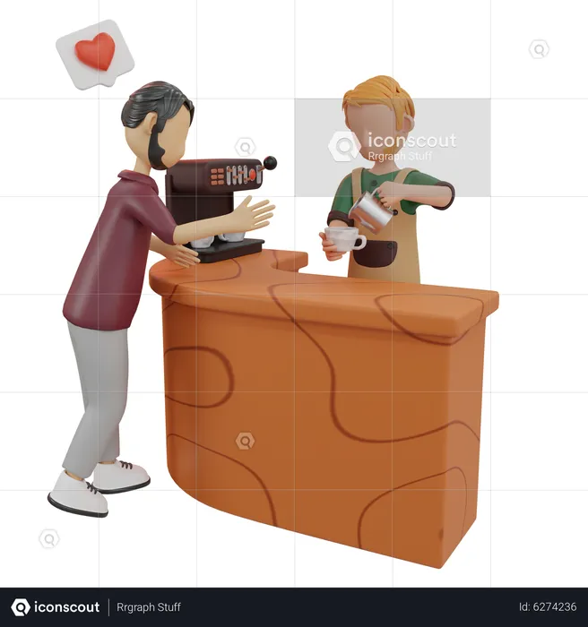 Waiter serving coffee to customer  3D Illustration