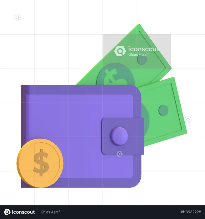 Wallet full of money and coin for auction  3D Illustration