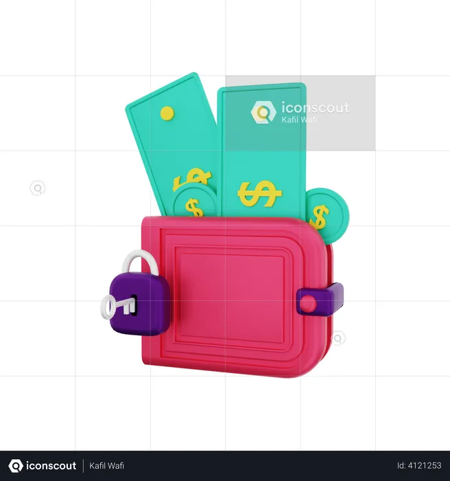 Wallet with lock protection where to keep money  3D Illustration