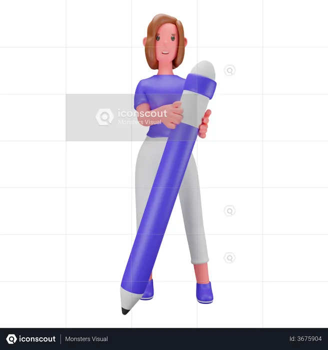 Woman holding big pencil  3D Illustration