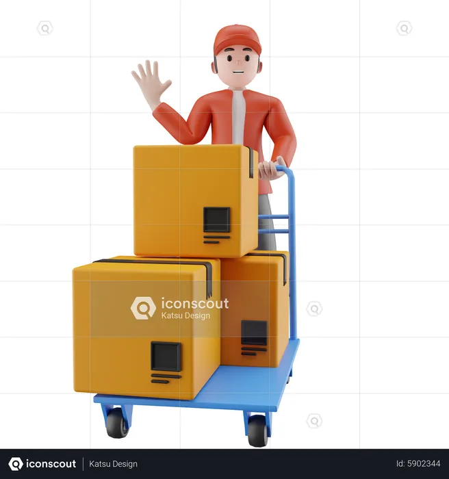 Warehouse worker holds a trolley box say hello  3D Illustration