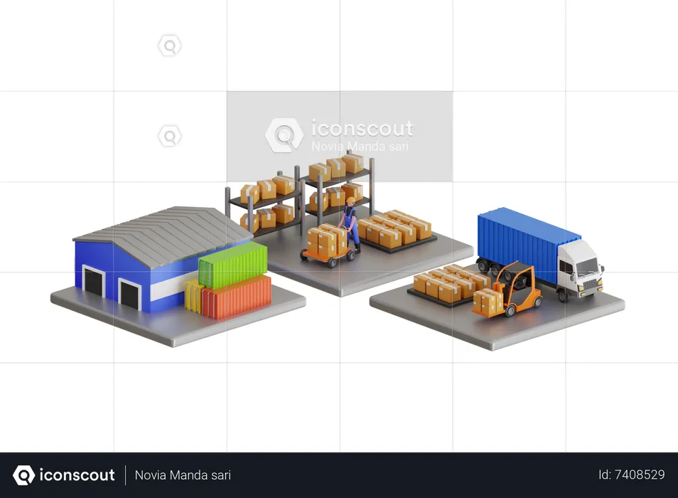 Warehouse workers are arranging goods on the shelves  3D Illustration