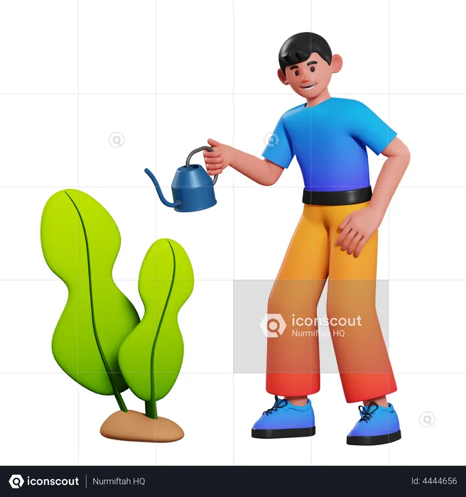 Watering Plants Boy  3D Illustration