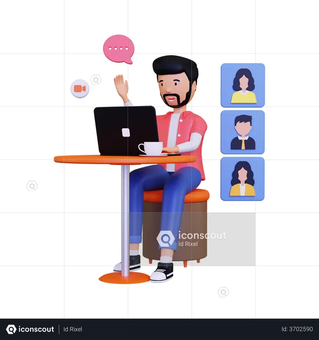 Man say hello to friends during a group video  3D Illustration