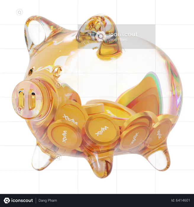 Waxp Clear Glass Piggy Bank With Decreasing Piles Of Crypto Coins  3D Icon
