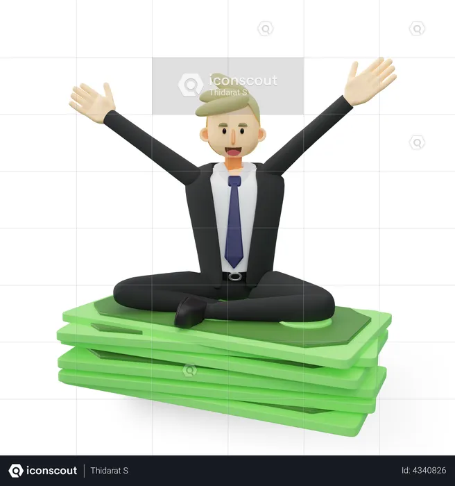 Wealthy businessman sitting on stack of banknote  3D Illustration