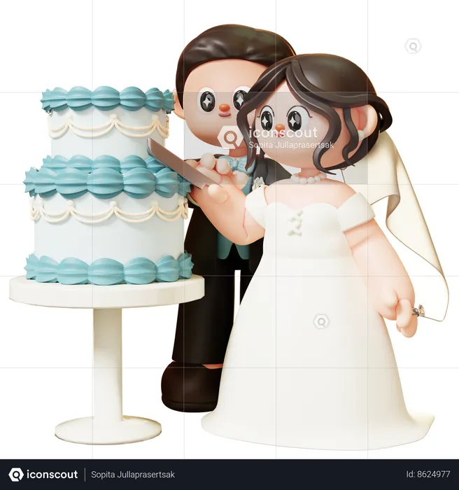 Wedding Couple Cutting Cake  3D Illustration