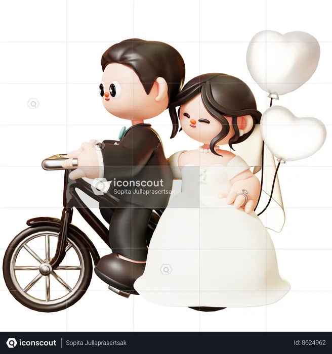 Wedding Couple Ride Bicycle With Heart Balloon  3D Illustration