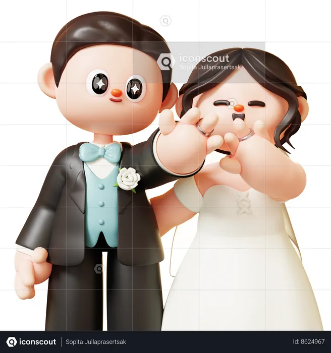 Wedding Couple Showing And Looking Wedding Ring  3D Illustration