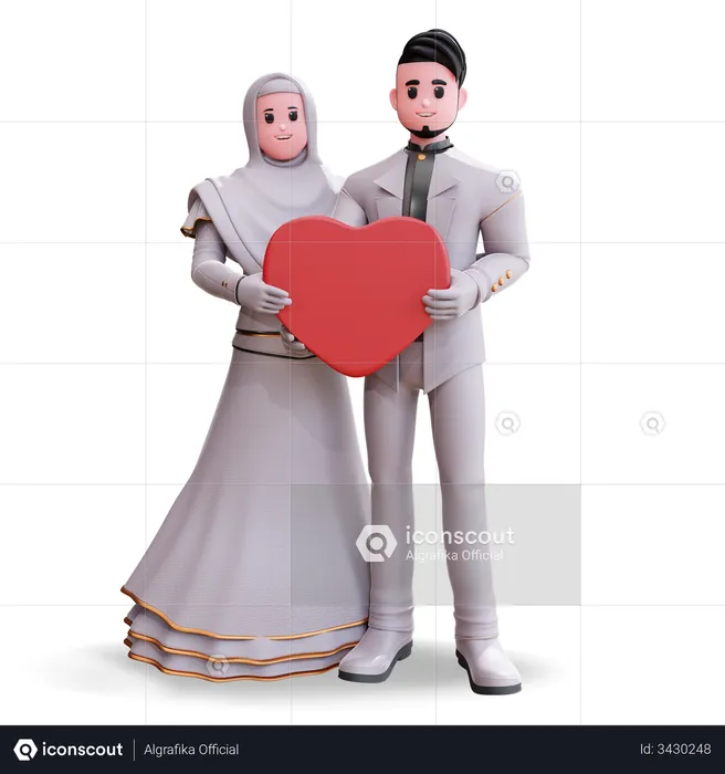 Wedding Couple standing together holding heart in hands  3D Illustration