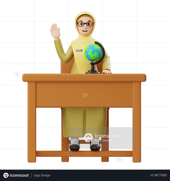 Weibliche Hijab Lehrer Grüße in Schreibtisch  3D Icon
