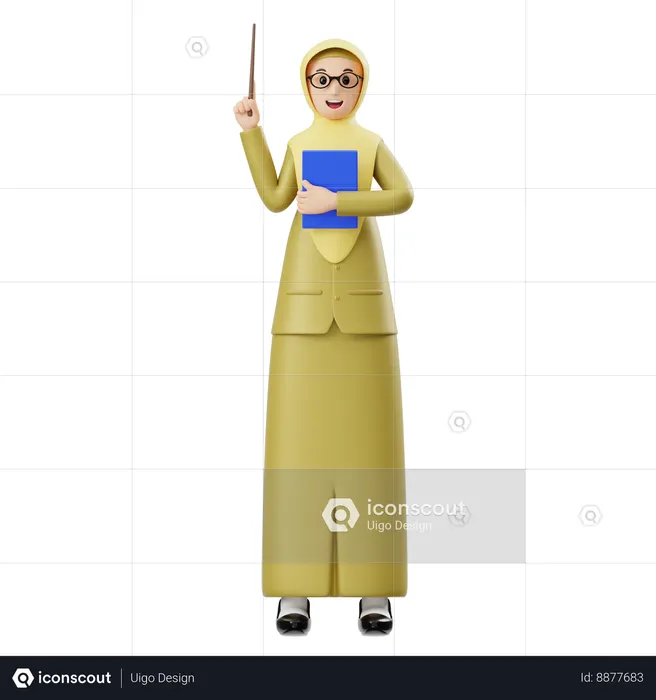 Weibliche Hijab-Lehrerin hält Stock, während sie Buch hält  3D Icon