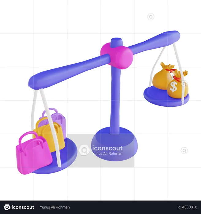 Weighting scale with shopping bags and moneybag  3D Illustration
