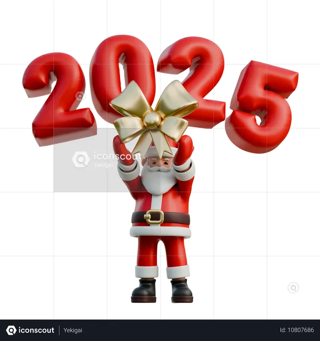 Weihnachtsmann mit riesiger Schleife im Jahr 2025  3D Illustration