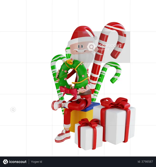 Weihnachtsmann sitzt auf der Geschenkpackung  3D Illustration