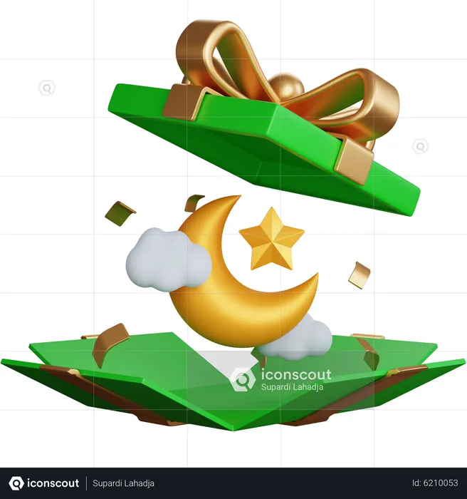Wide Open Gift Box With Crescent Moon  3D Icon