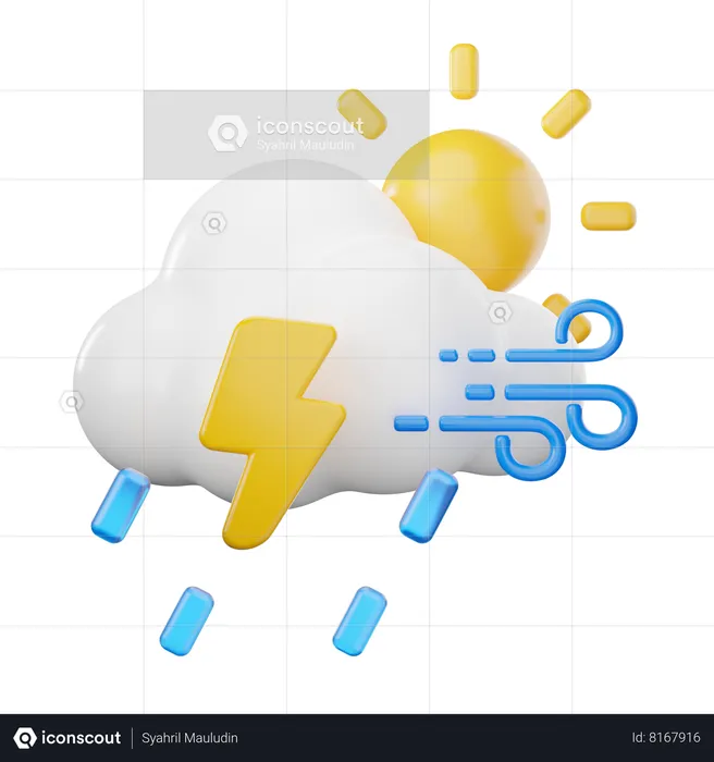 Wind Rainy Lightning At Day  3D Icon