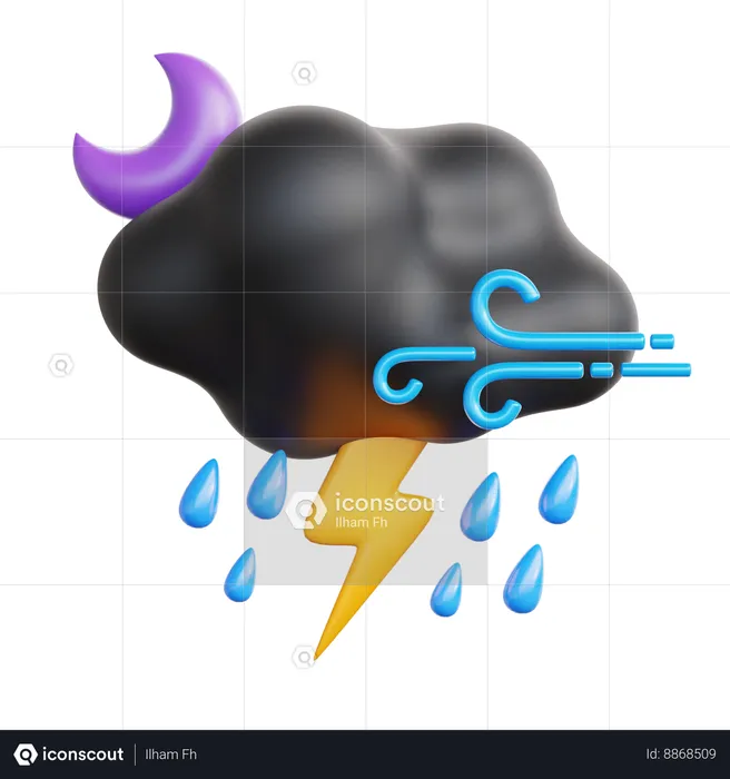 Wind Rainy Lightning At Night  3D Icon