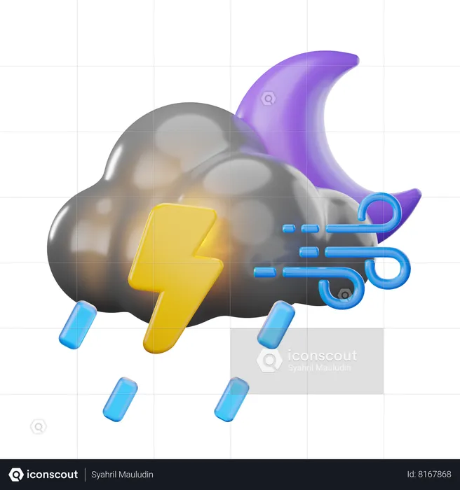 Wind Rainy Lightning At Night  3D Icon