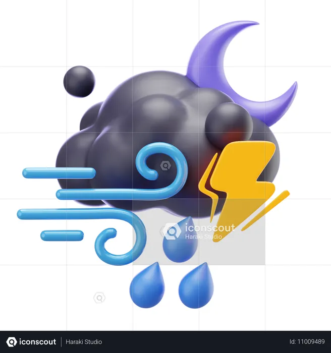 風が強く、霧雨が降り、夜は雷が鳴る  3D Icon