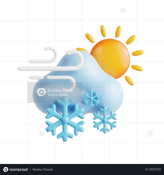 Windy Snow Cloud With Sun  3D Icon