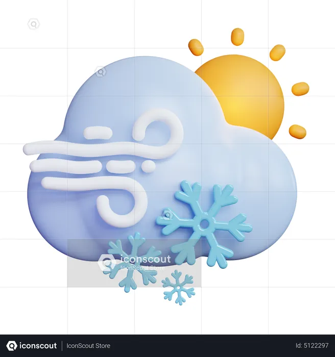 Windy Snow Cloud With Sun  3D Icon
