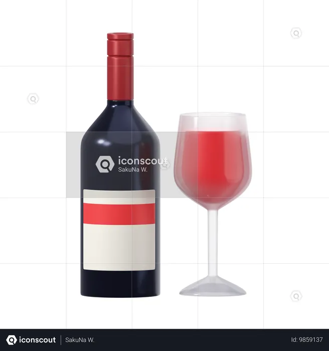 Wine Bottle And Glass  3D Icon