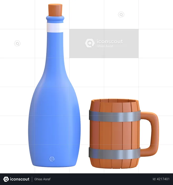 Wine Bottle And Glass  3D Illustration