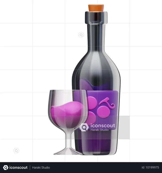 Wine Bottle And Glasses  3D Icon