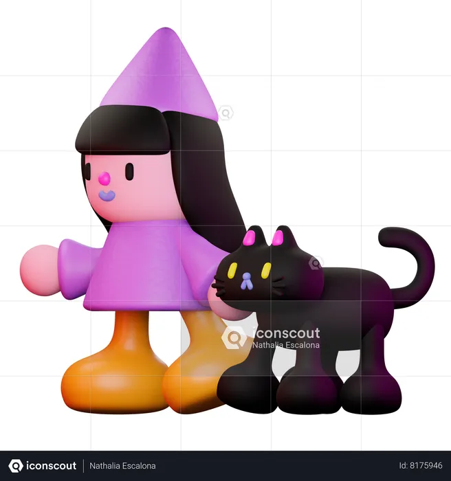 Witch And Cat Walking  3D Illustration
