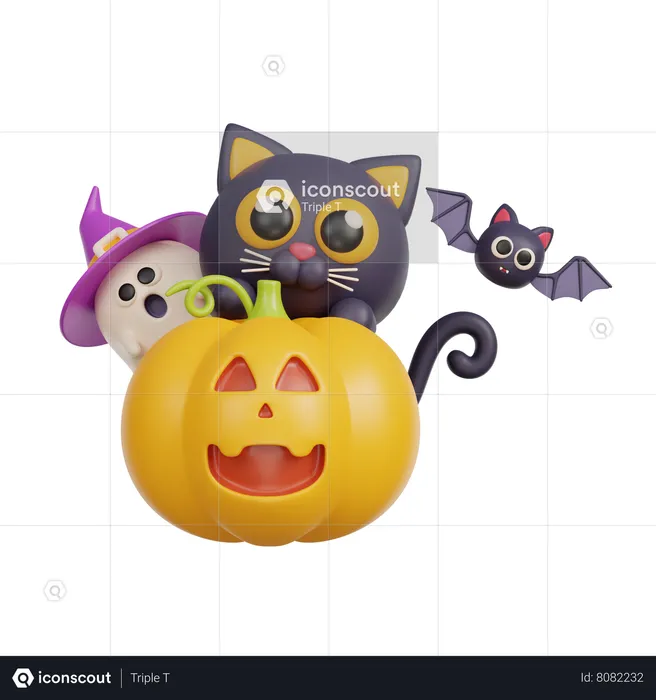 Witch Cat In Pumpkin  3D Illustration